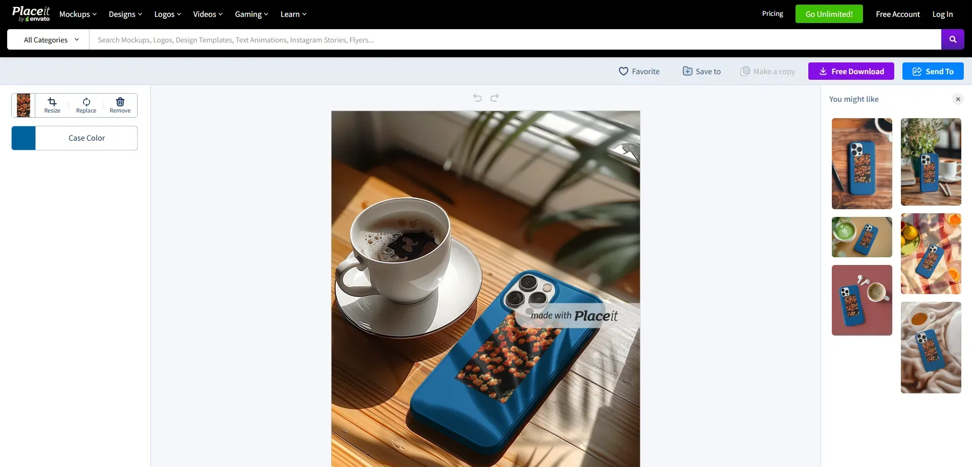 Placeit mockup editor showing a phone case design beside a coffee cup with customization and free download options.